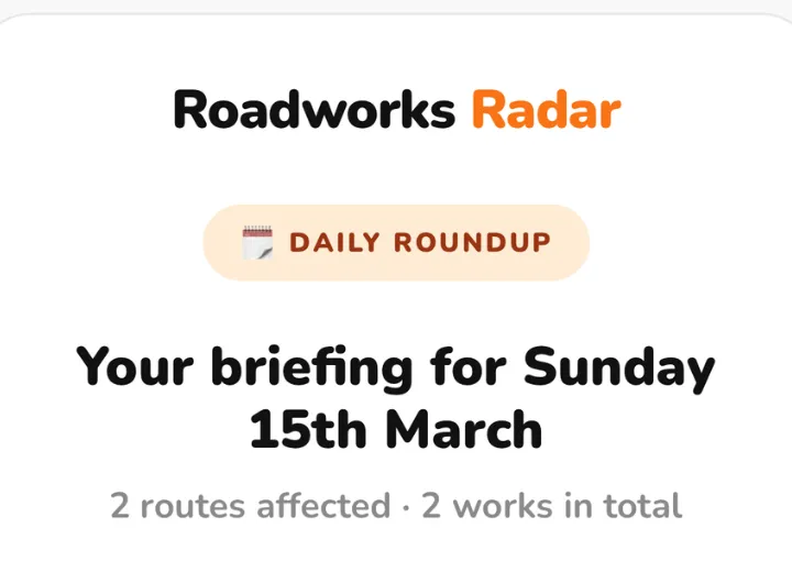 Roadworks Radar email alert notification