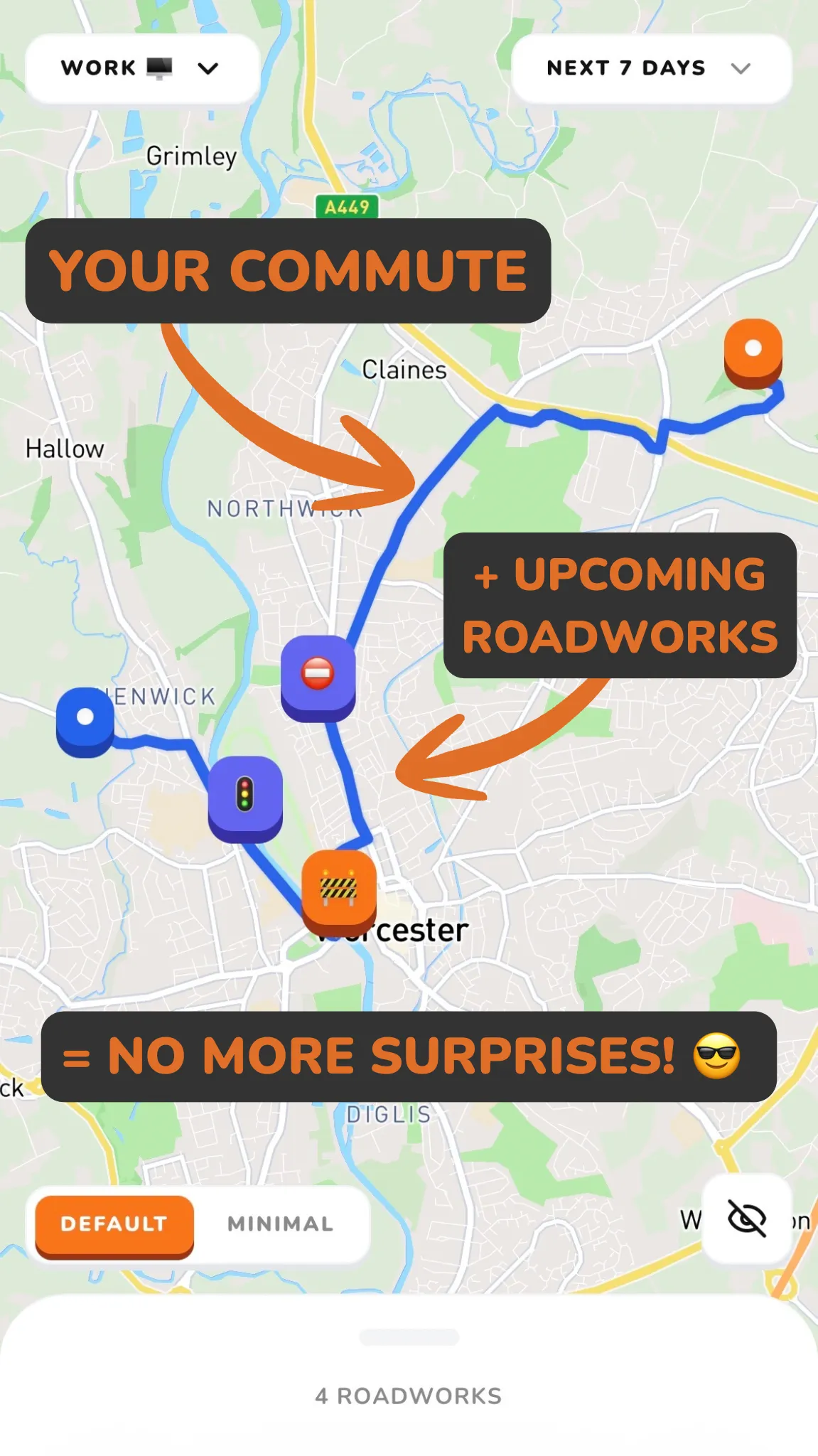 Roadworks Radar Dashboard showing route alerts and map on mobile