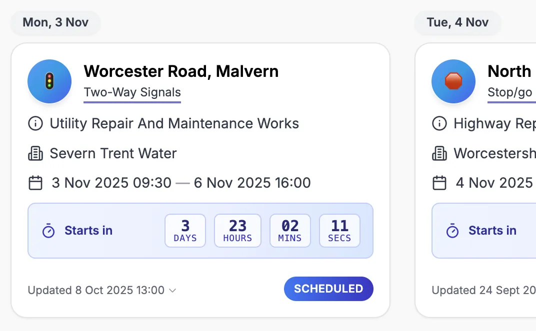 Email alert example for upcoming roadworks