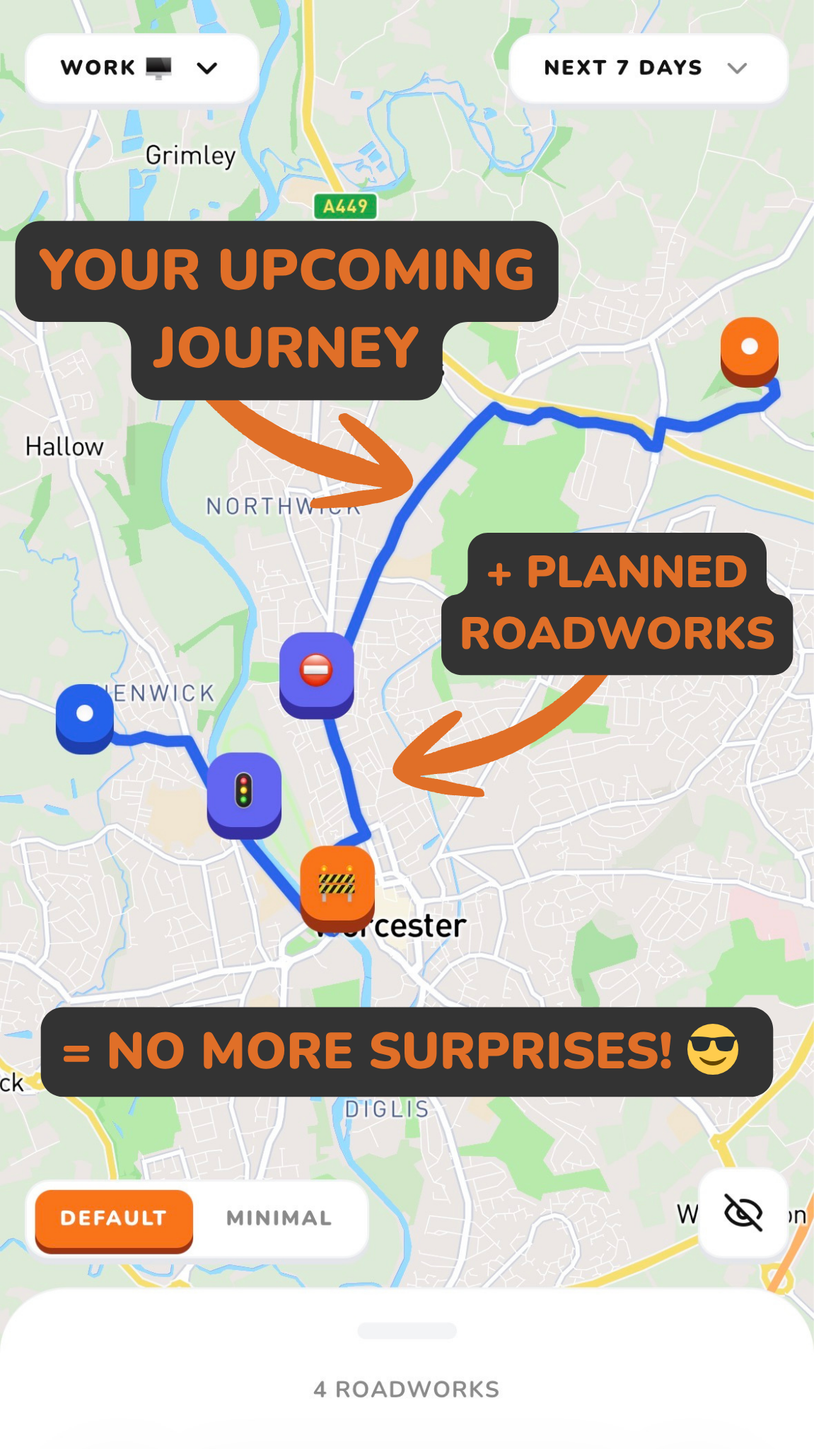 Roadworks Radar Dashboard showing route alerts and map on mobile