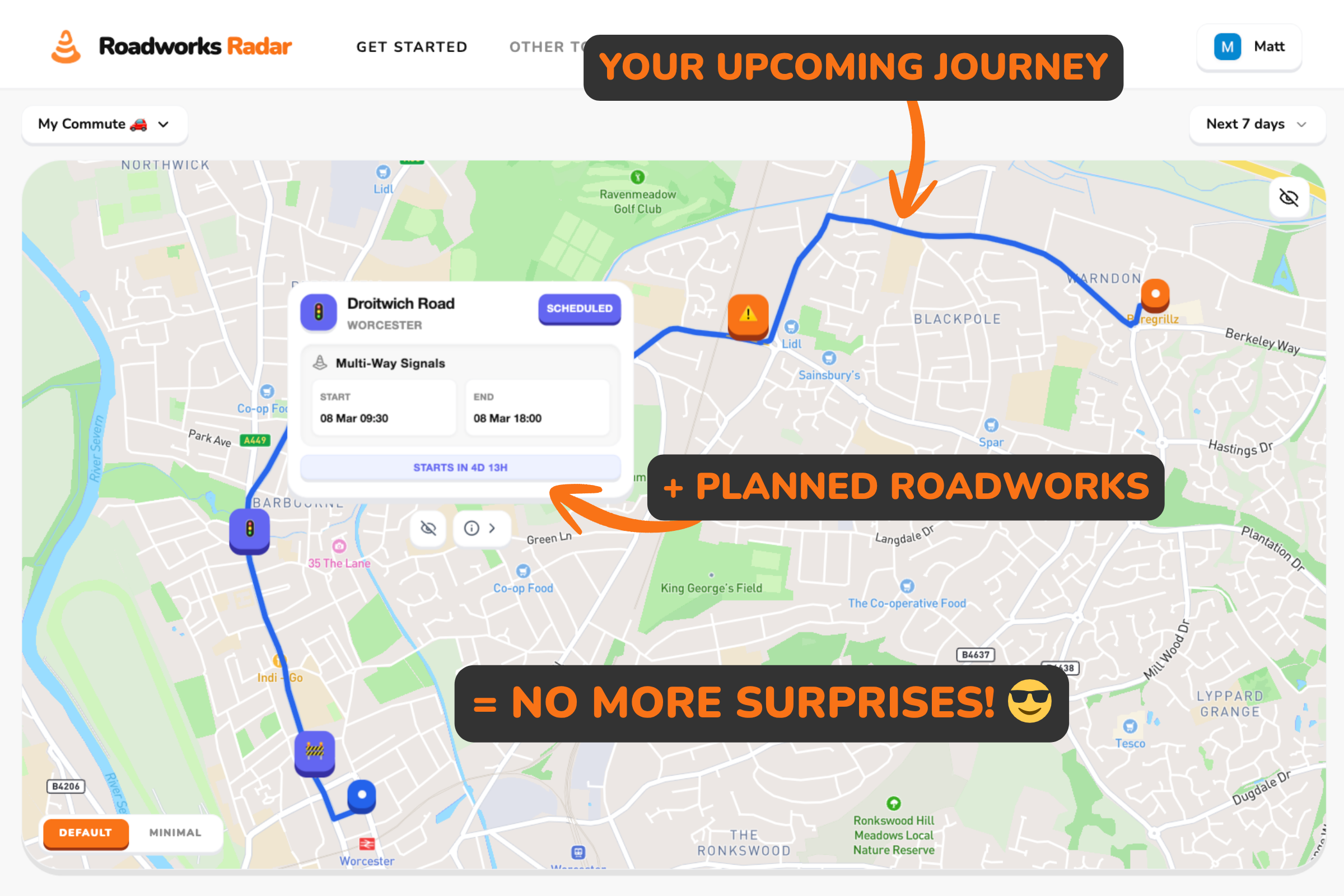 Roadworks Radar Dashboard showing route alerts and map