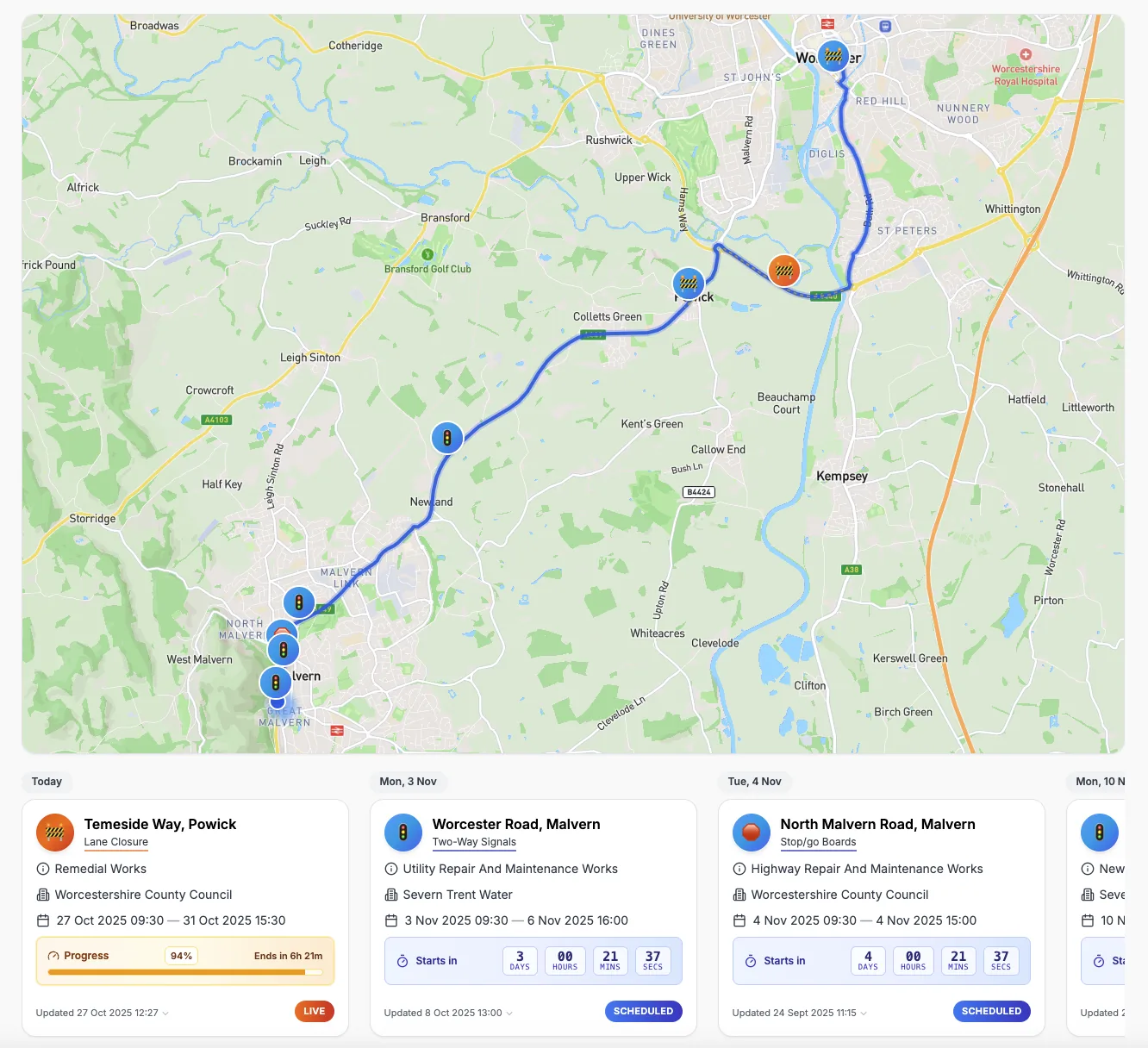 Preview of route dashboard with live and scheduled works